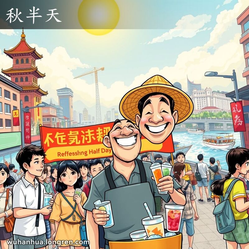 武汉市民在立秋后的炎热午后聚集在街头摊贩周围，享受冷饮和冰淇淋，背景有黄鹤楼和长江。