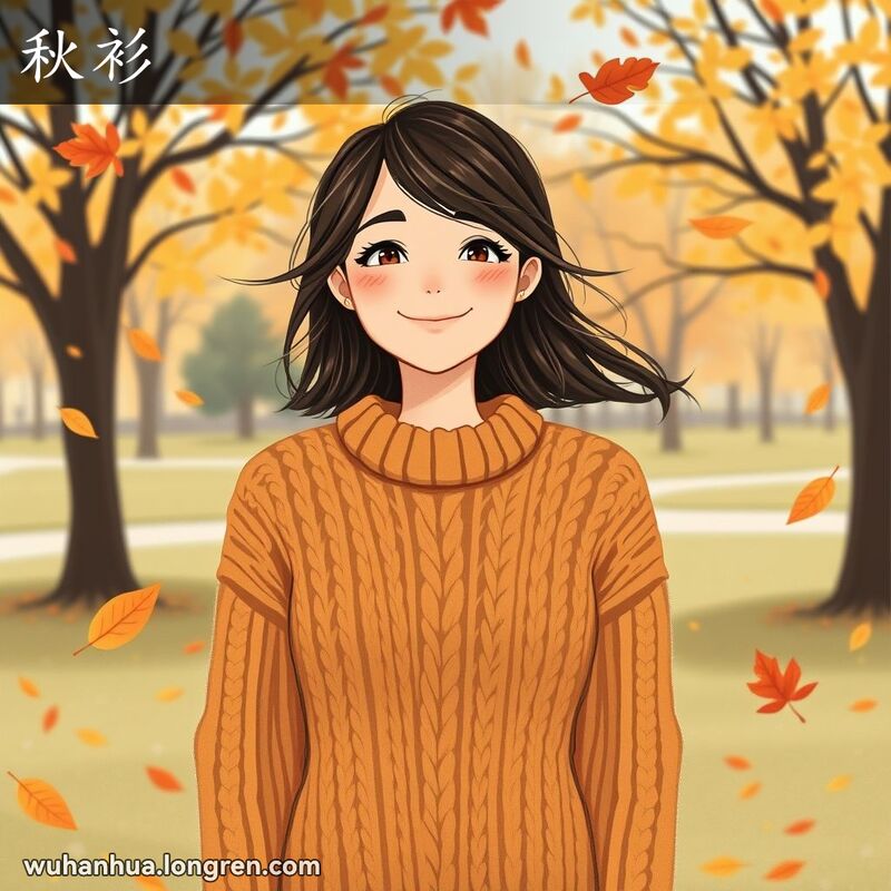 一位年轻女子穿着针织秋衫站在秋天的公园里，周围飘落着树叶，脸上带着满足的微笑。