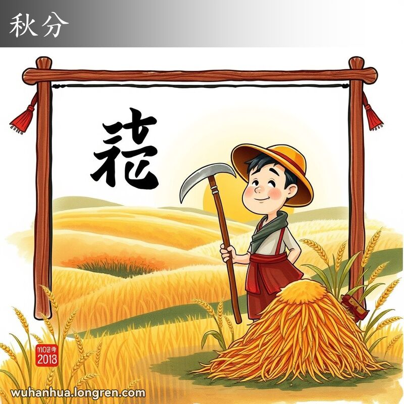 农民在金黄田野中收割粮食，背景是夕阳和丰收景象，体现秋分的和谐