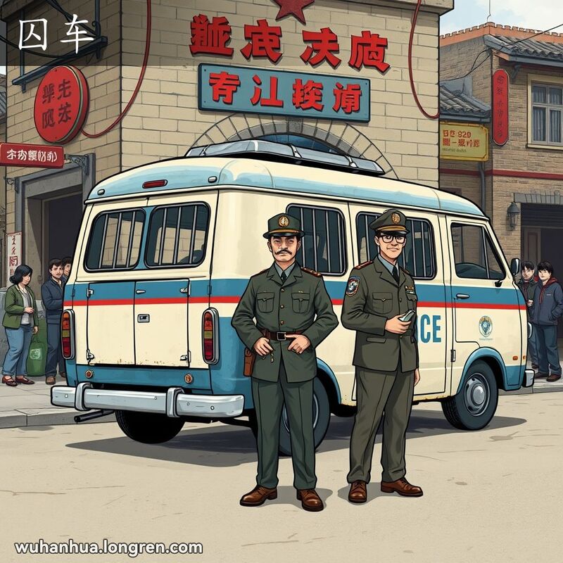 一辆老式警车停在武汉警察局前，车窗有铁栏杆，警察站在车旁，背景是老街景。