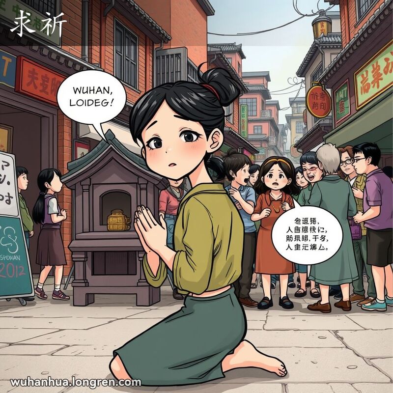 一位年轻女子在武汉老街的小庙前跪地祈祷，背后是吵闹的人群，她回头请求他们停止争吵。