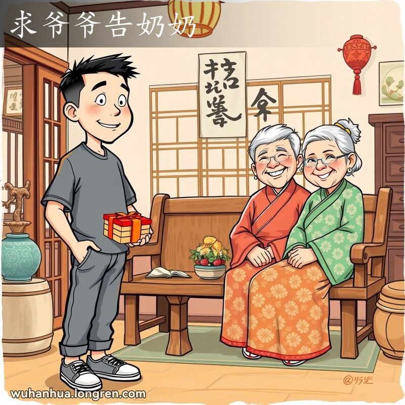 一位武汉年轻人站在老夫妇面前，手持礼盒，脸上带着恳求的表情，背景是怀旧的客厅