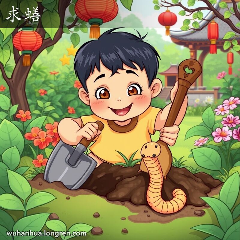 一个孩子在花园里挖土，发现蚯蚓，背景有繁茂的植物和中国传统建筑元素