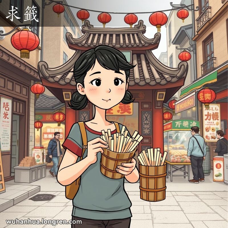 一位武汉女子在街边小庙前摇晃求签的签筒，背景是武汉老街景和热闹的市场