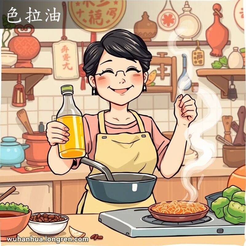 一位中年妇女在厨房里手持色拉油瓶和锅，准备烹饪，背景是传统中国厨房用具和装饰