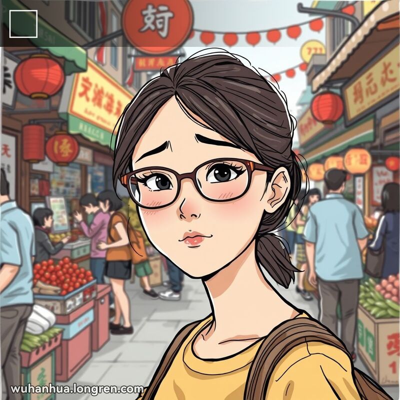 一位戴眼镜的武汉女子在街市前眯眼看远处招牌，背景是热闹的市场摊位和人群