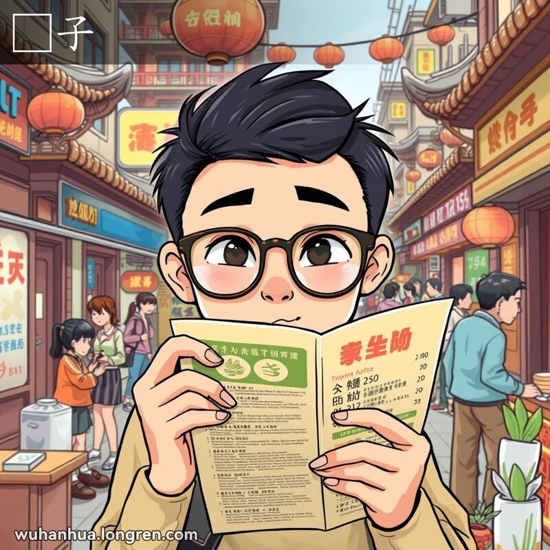 一位戴厚镜片眼镜的武汉年轻人在街边摊前眯眼看菜单，表情夸张，背景是武汉街景
