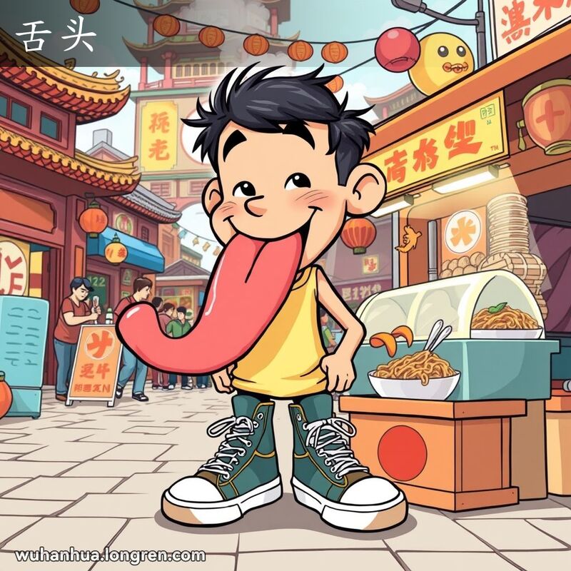 卡通人物夸张地伸出长长的舌头，形状类似鞋舌，背景是武汉的热闹街景和小吃摊。
