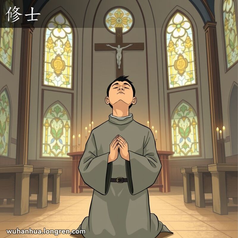一位天主教修士在教堂中虔诚祈祷，背景是庄严的教堂内部，有彩色玻璃窗和宗教符号