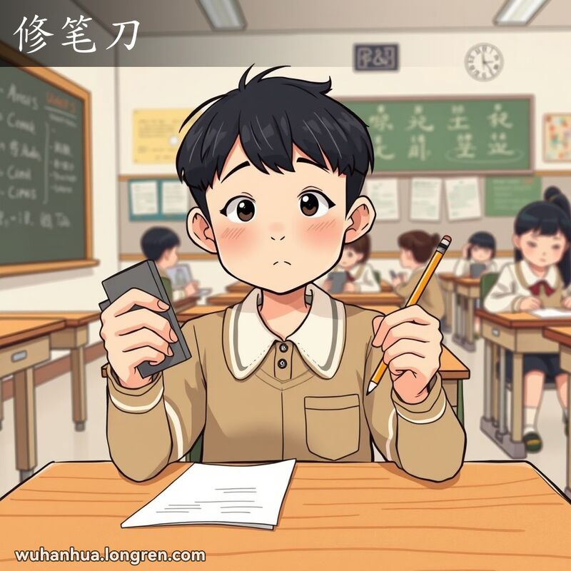 一位武汉学生坐在教室木桌前，手持铅笔和铅笔刀，背景是教室场景