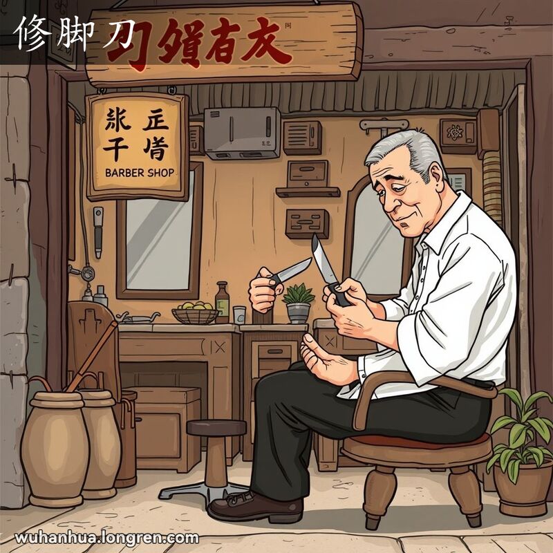一位中年理发师在武汉传统街边理发店内，手持修脚刀为顾客修剪脚趾甲，背景有老式理发工具和绿植