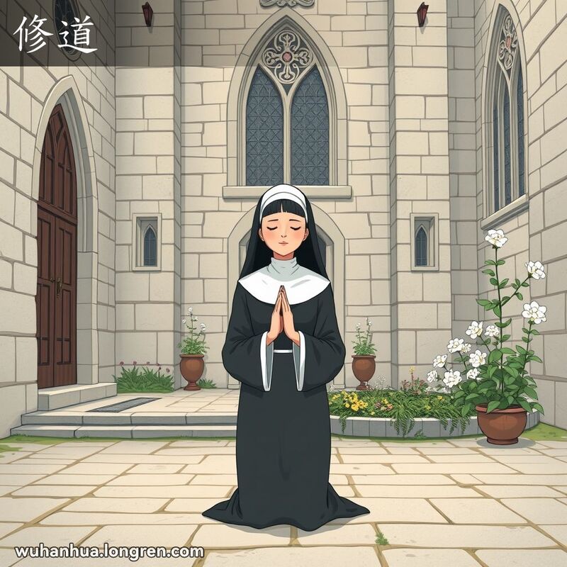 一位修女在武汉天主教教堂庭院中跪地祈祷，背景是教堂的古老石墙和盛开的花园