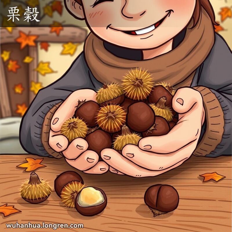 一个人手捧带壳栗子，背景是秋日景象，画面温馨