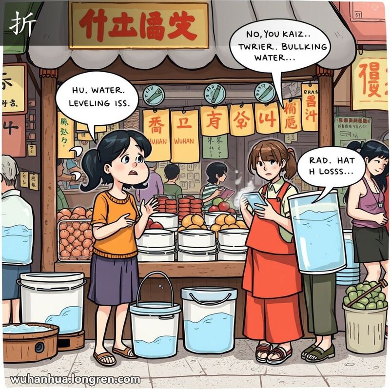 一位顾客在武汉街市水桶摊前发现水减少，露出失望表情，摊主解释，背景是忙碌的市场