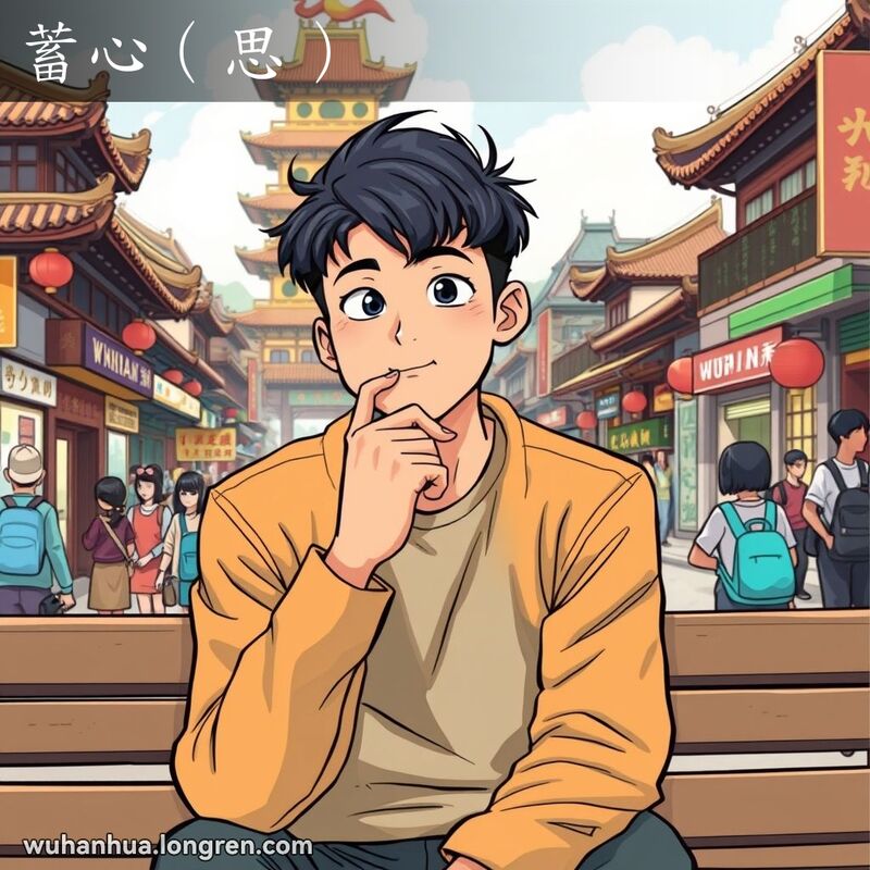 一位年轻男子坐在武汉街头的长椅上，陷入深思，背景是黄鹤楼和传统中国建筑