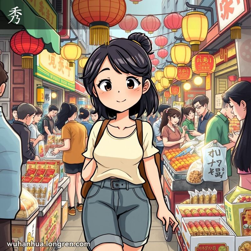 一位年轻女子在武汉街头市场中围着摊位转来转去，表现出对商品的好奇和兴趣，背景是繁忙的市场摊位和人们的交谈。