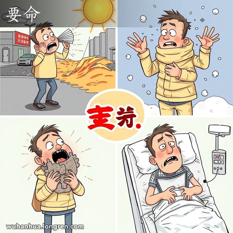 一个人在炎热、寒冷、困难和生病的极端情境中，表现出“要命”的夸张程度。