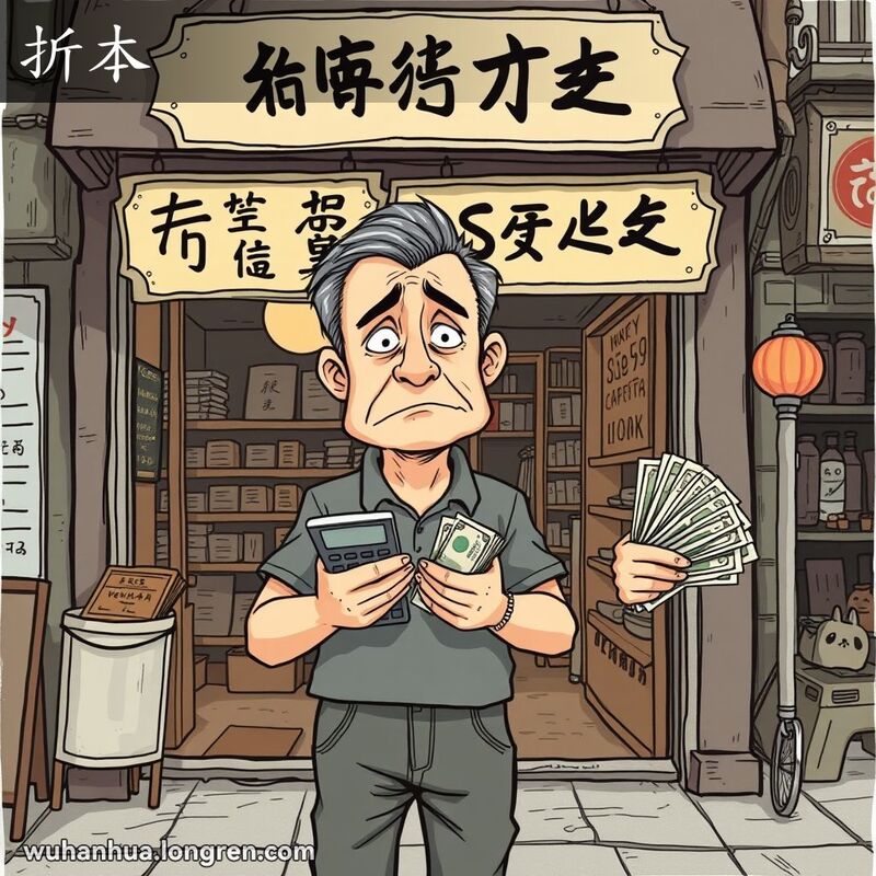 一位中年男子站在武汉小吃店前，手持计算器和账单，露出“折本”的忧虑表情，背景是武汉老街景