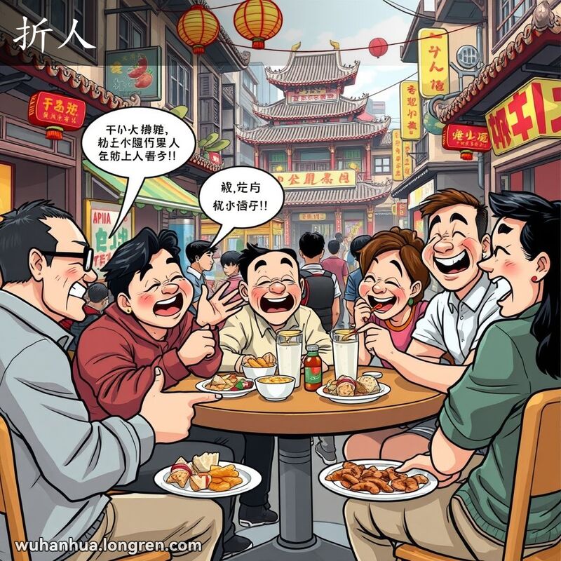 一群朋友在武汉街头小吃摊前聚会，其中一人正在讲述幽默故事，周围的朋友们笑得前仰后合，背景是武汉传统街景
