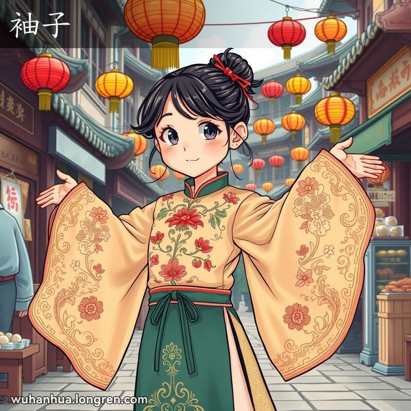 一位穿着传统汉服的少女站在武汉街头，衣袖长而宽大，背景是武汉老街景