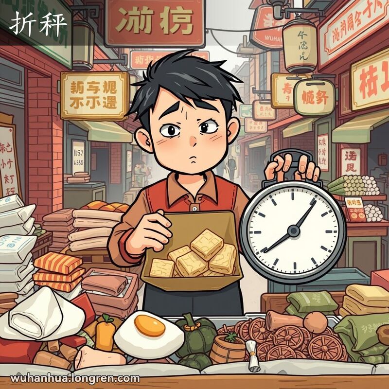 一位武汉摊贩手持大秤，神情无奈，背景是繁忙的传统市场，货物重量减少，反映“折秤”的情景。