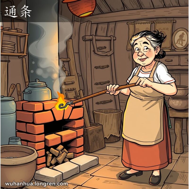 一位中年妇女在传统厨房中手持铁条捅炉子，背景是老式砖炉和木质家具
