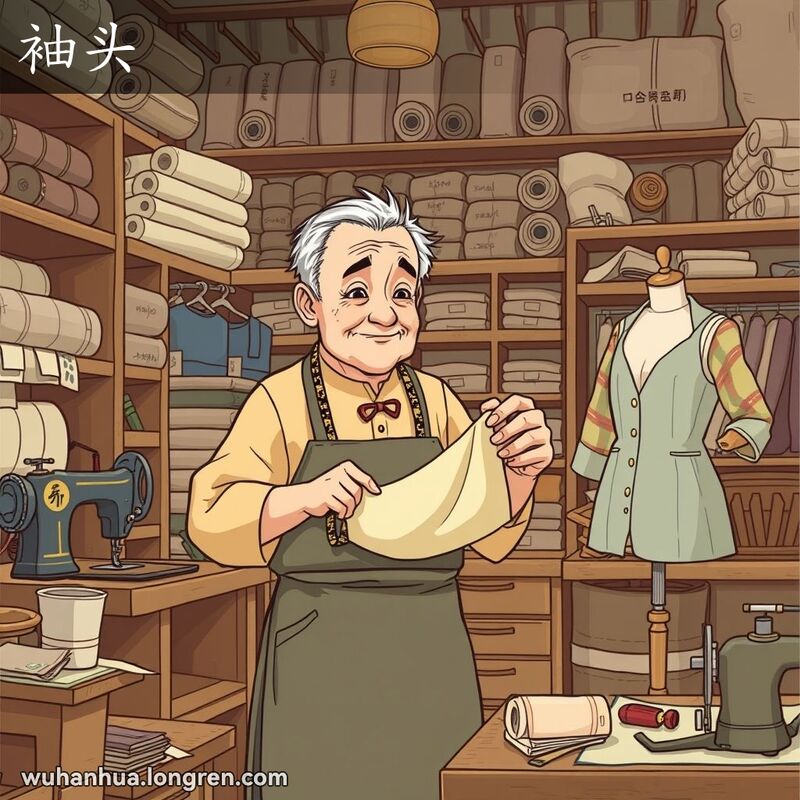 老裁缝在传统裁缝店里缝制袖套，背景有缝纫机和裁缝工具