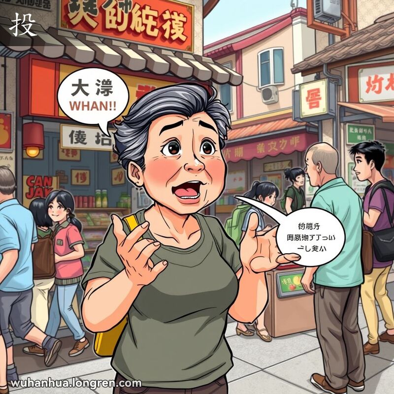 一位中年妇女在武汉街头小店前激动地投诉，店主显得惊讶，背景是繁忙的武汉街景