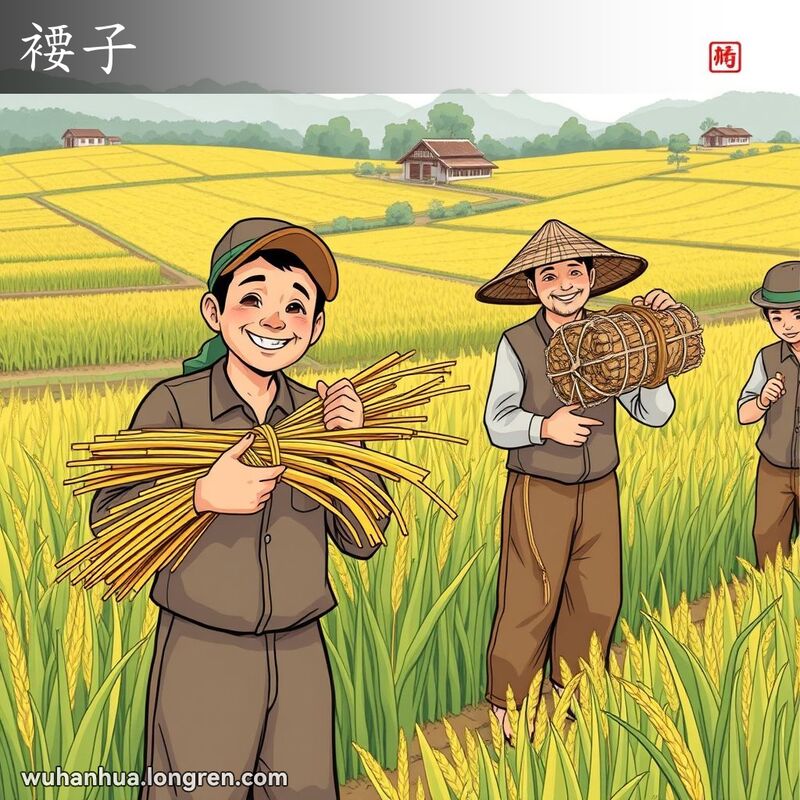 武汉农村景象，农民展示用稻草捆成的临时绳子和用结实绳子捆绑的货物