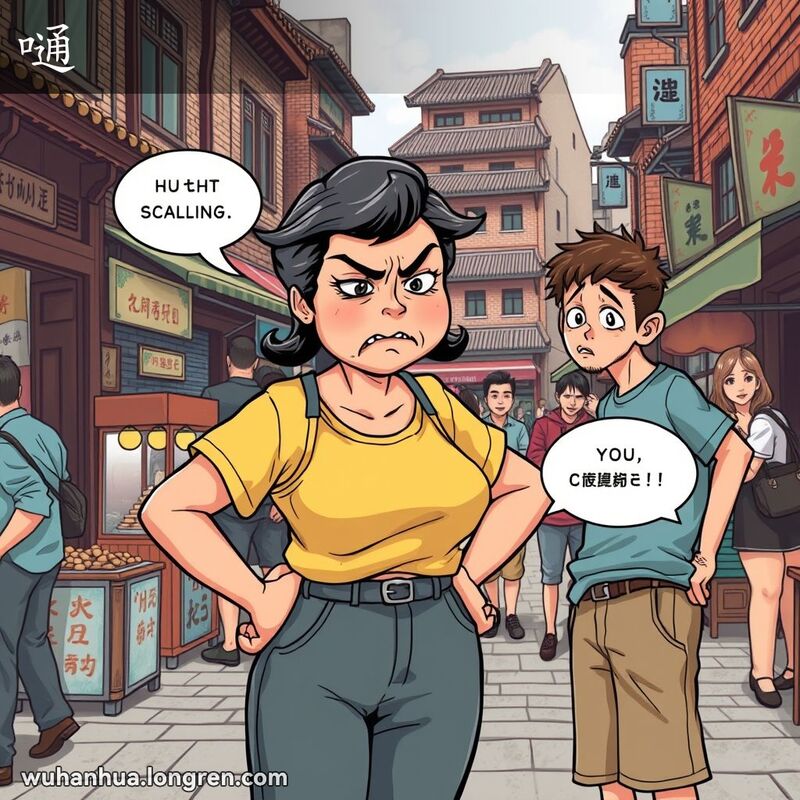 一位中年妇女在武汉街头训斥年轻男子，表情激烈，背景是繁忙的老街景