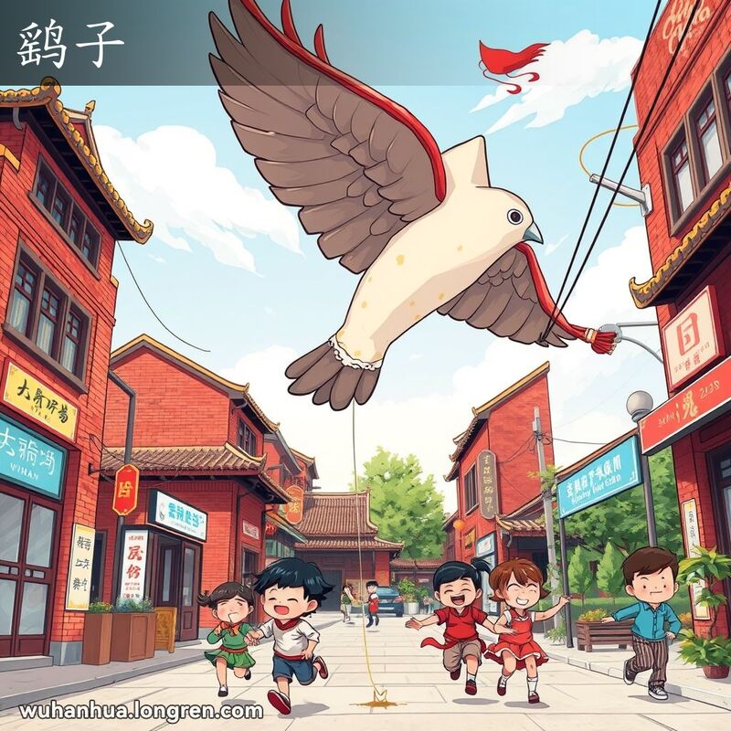 武汉老街景，孩子们放风筝，风筝形状像鹞子，背景有红砖墙和旧式招牌