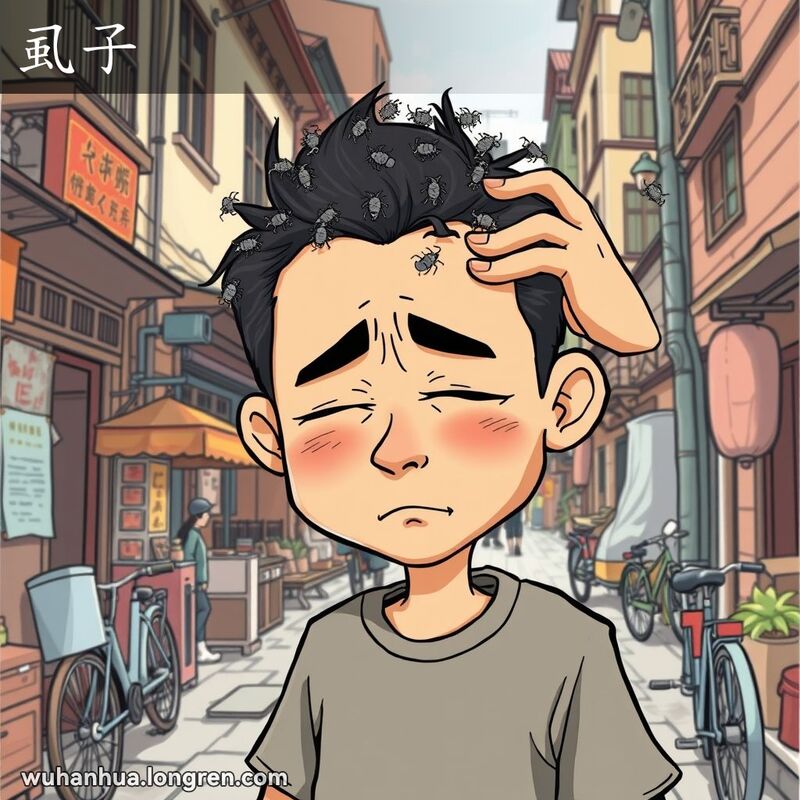 一个人站在武汉老街背景中，头上有虱子爬动，表情不舒服和烦躁
