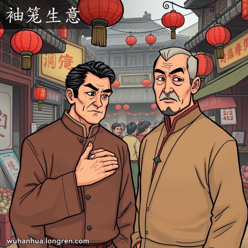 两位男子在武汉老市场进行“袖笼生意”，一人手伸进另一人袖子里谈判，背景有老式店铺和红灯笼