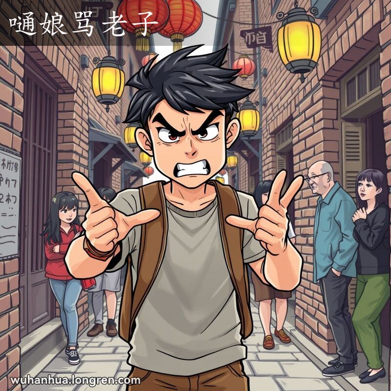 一位年轻人在武汉巷子里愤怒地骂自己的父母，背景中有路人不赞成地看着他