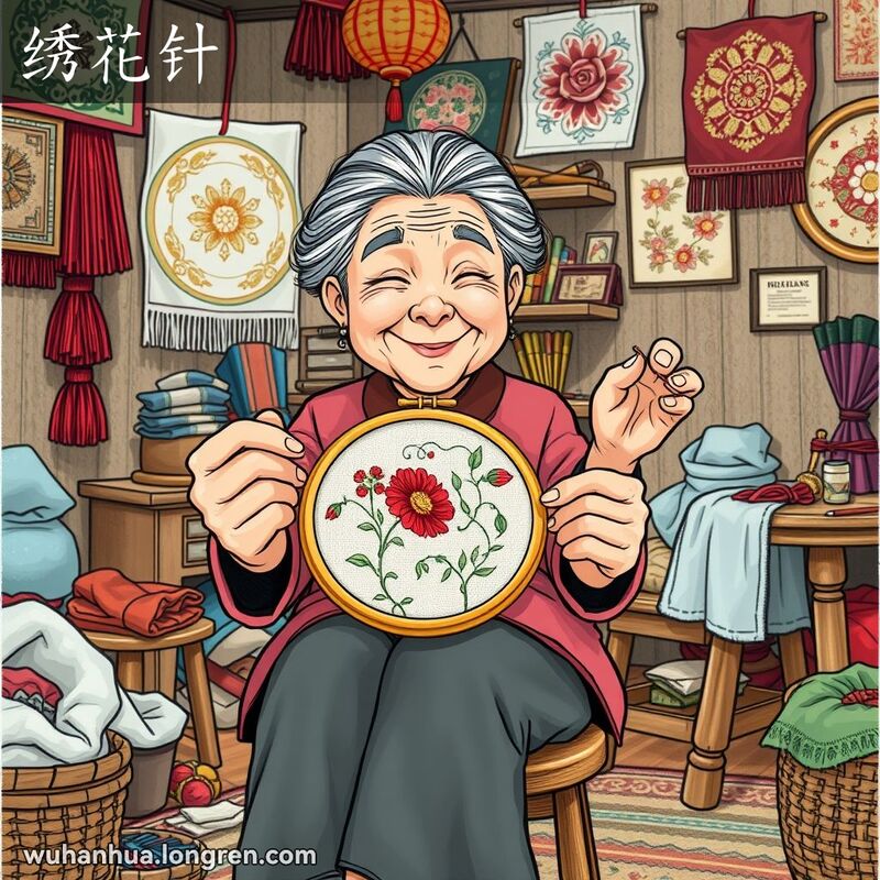 一位武汉刺绣艺术家坐在小房间里，手持刺绣绷架和细小的绣花针，背景是传统中国装饰和刺绣工具