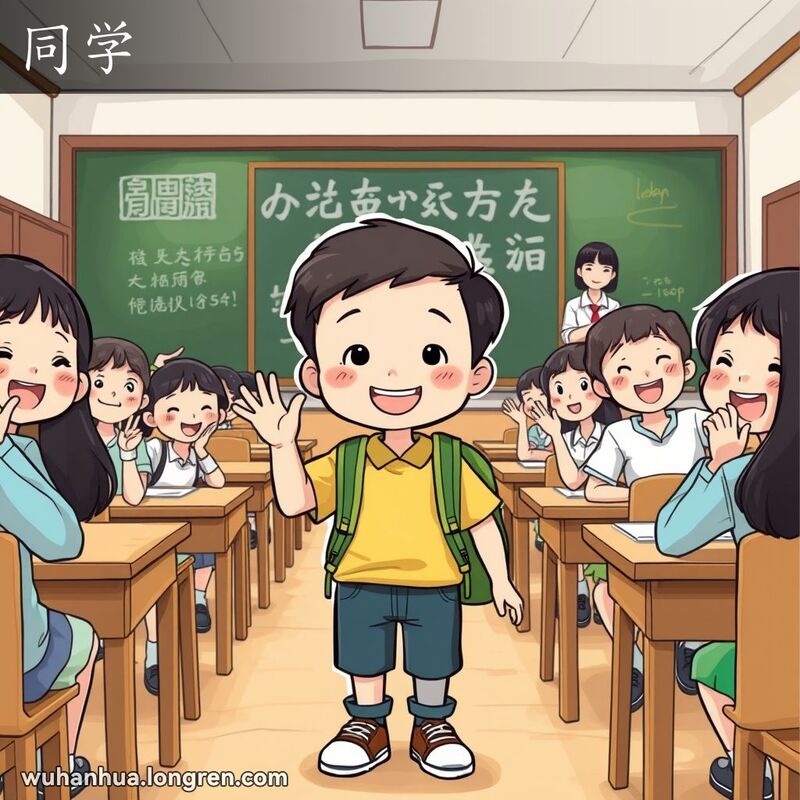 一群学生在武汉校园教室里，主角学生微笑挥手，背景有黑板和老师，反映同学之间的友谊。