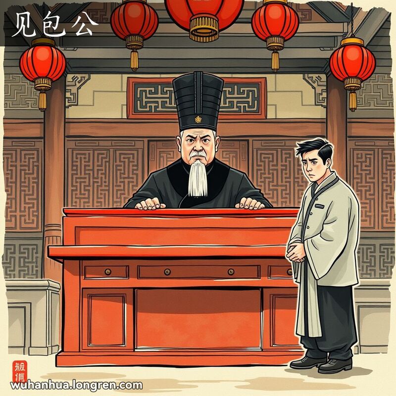 一个传统中国法庭场景，法官威严地坐在桌后，被告人紧张地站在前面，背景是精美的中国建筑和红灯笼。