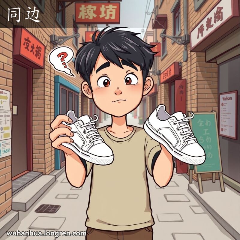 一个人手拿两只相同的左脚鞋子，脸上露出困惑又有些好笑的表情，背景是武汉的老巷子。