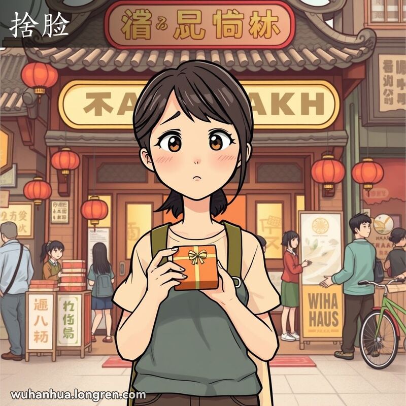 一位年轻的武汉女子站在茶馆前，手持礼盒，面带“捨脸”的表情，背景是武汉街景