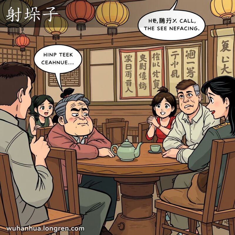 一群人在武汉茶馆中，一位男子听着另一位带着狡黠笑容的人说话，暗示主角的负面信息，背景是传统中国装饰