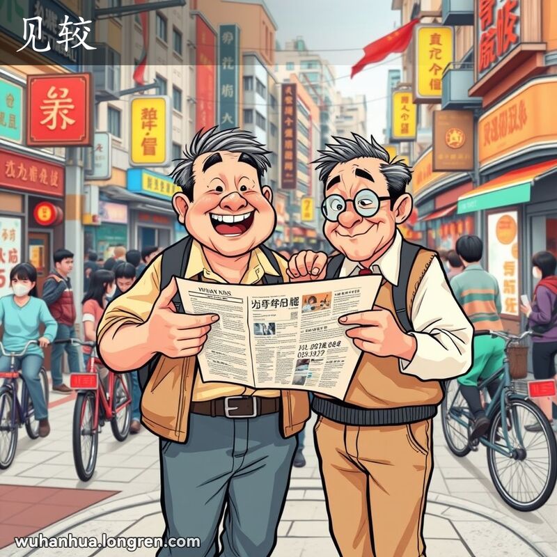 两位中年武汉市民在街角交谈，一人手持报纸指着文章，另一人倾听，背景是热闹的武汉街景