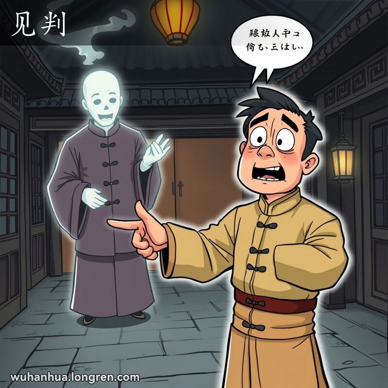 一位男子在昏暗房间里指着背后的鬼魂判官，露出惊讶和恐惧的表情，背景是古色古香的中国庭院