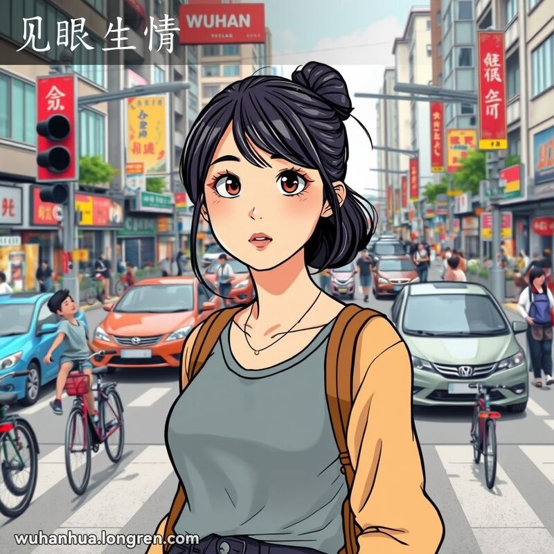 一位年轻的武汉女子站在繁忙的街道交叉口，观察着来往的车辆和行人，寻找合适的时机过马路，表现出“见眼生情”的态度。