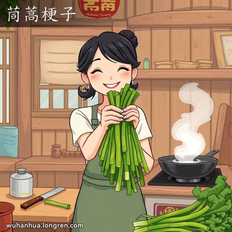 一位武汉妇女在厨房中手持新鲜茼蒿杆，背景有切菜板和炒锅，画面温馨。