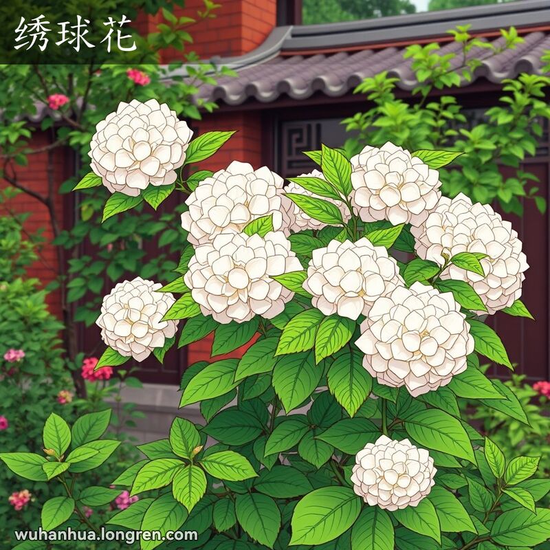 武汉花园中盛开的木绣球灌木，白色花朵聚集成大球状，叶子呈卵形至卵状椭圆形，背景有传统建筑元素