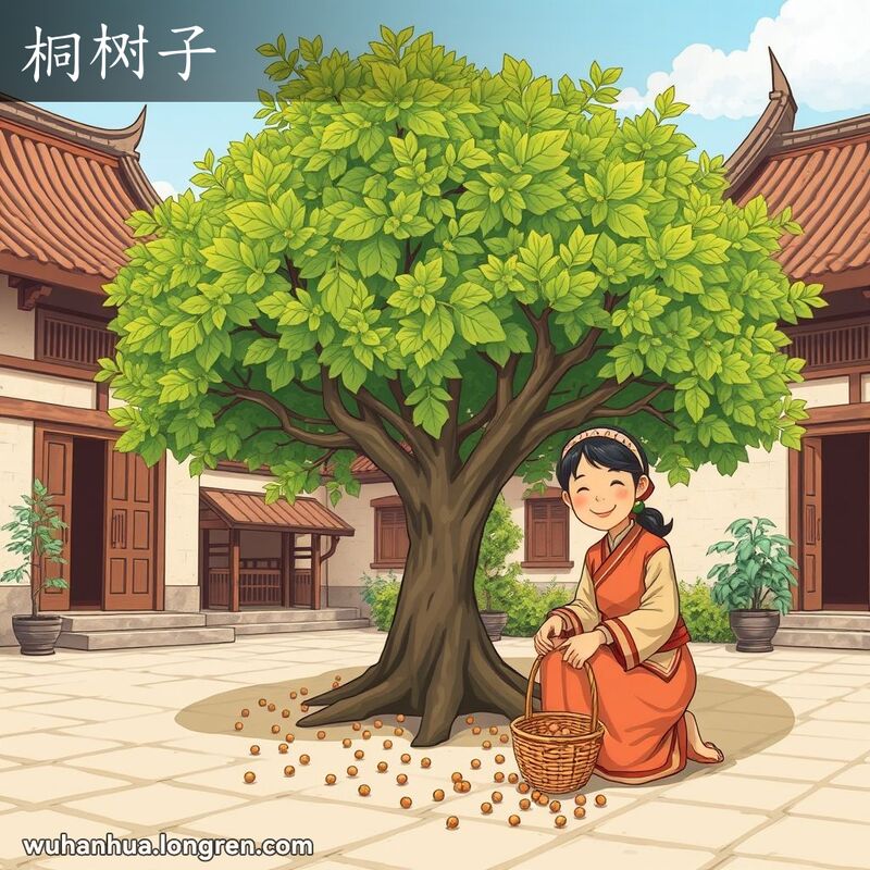 一位武汉妇女在庭院中的桐树下收集桐树子，背景是古老的木质房屋和晴朗的蓝天