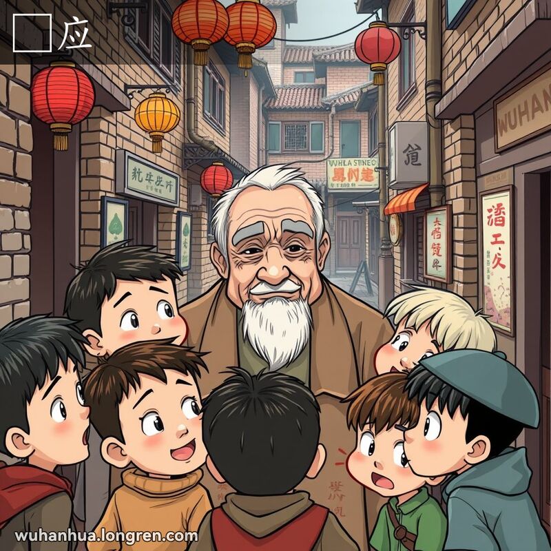 一群孩子在武汉老街区围绕着一位年长男子，表情既敬重又害怕，背景有红砖墙、窄巷和旧式招牌