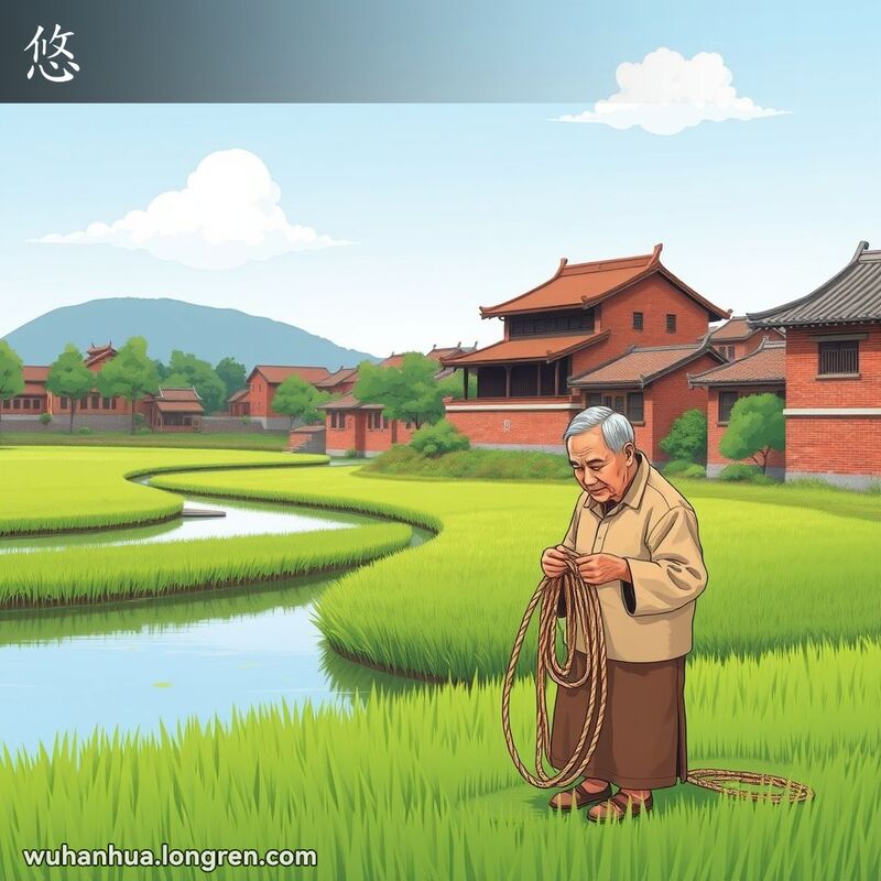 一位武汉老人在宁静的乡村景色中缓慢地展开一根绳子，背景是武汉老街景