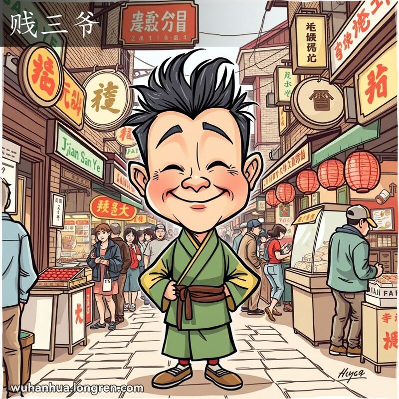 武汉汉阳的传说人物“贱三爷”站在老街市场中，背景有老砖墙、传统招牌和小吃摊