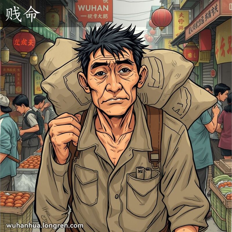 一位武汉男子在忙碌的市场中辛勤劳作，表情坚定但疲惫，背景是热闹的武汉传统市场